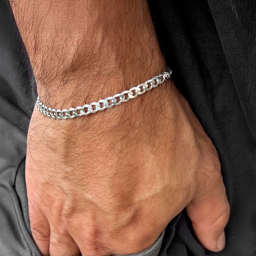 Man's Real Silver 925 Italy SOLID Sterling Silver Cuban Link Wrist Bracelet